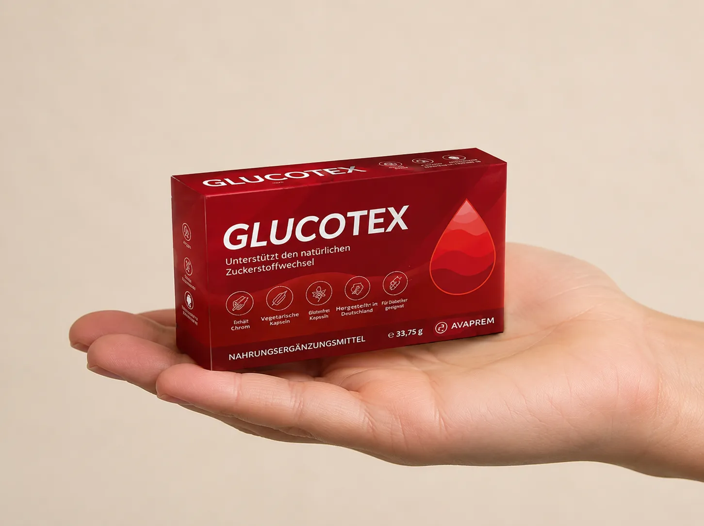 GLUCOTEX — Verpackung in der Hand